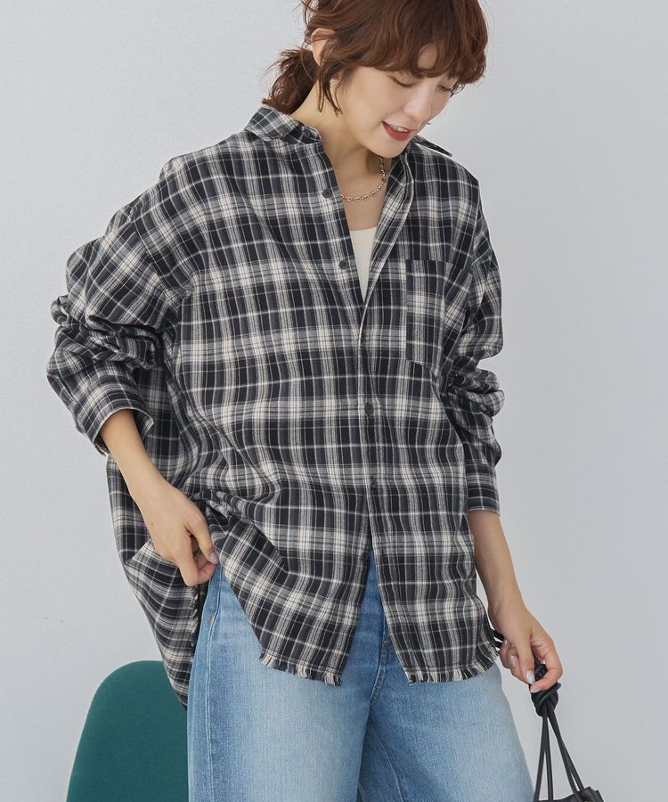 AMERICAN HOLIC「フリンジヘム起毛チェックシャツ」|シャツ・ブラウス|チェックブラック