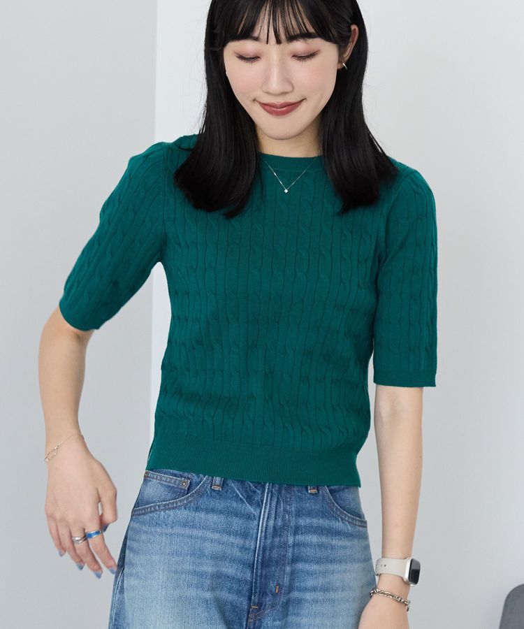 AMERICAN HOLIC「ケーブル5分袖ニットプルオーバー」|ニット・セーター|Green