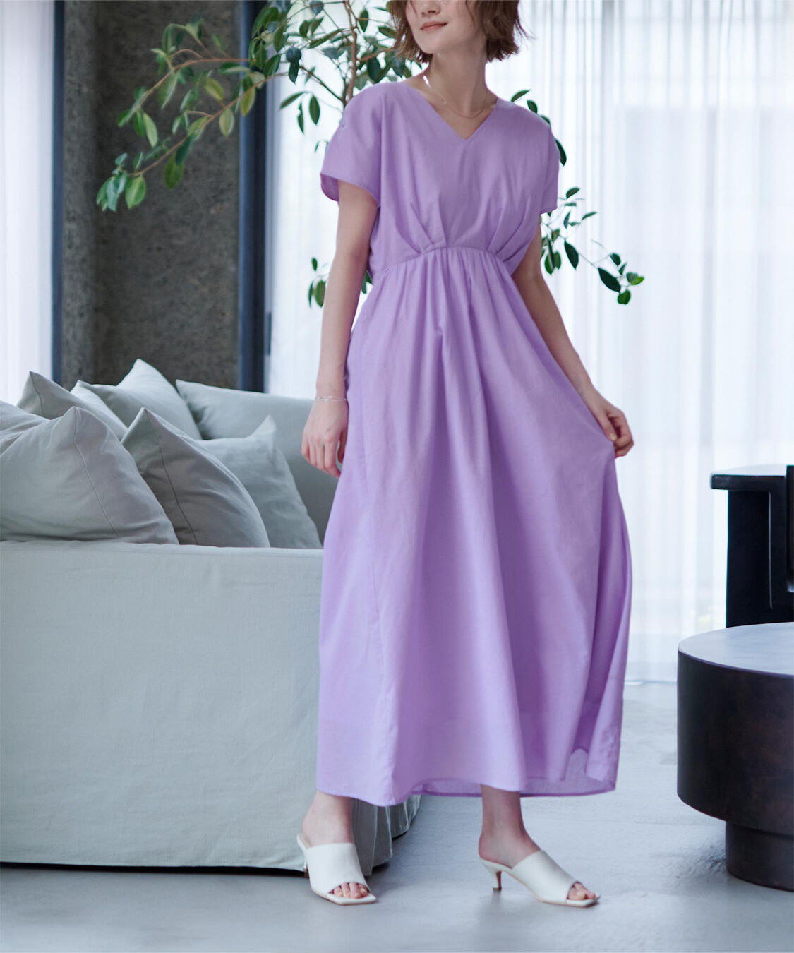 ur's「コットンVネックフレンチスリーブワンピース」|ワンピース|ラベンダー