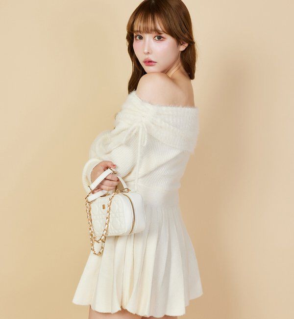  「オフショルプリーツニットミニワンピ」|ワンピース|