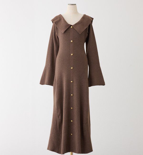  「襟付き金ボタンニットロングワンピース」|ワンピース|