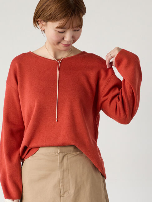 Lugnoncure「ミラノリブ配色Vネックニット」|ニット・セーター|オレンジ