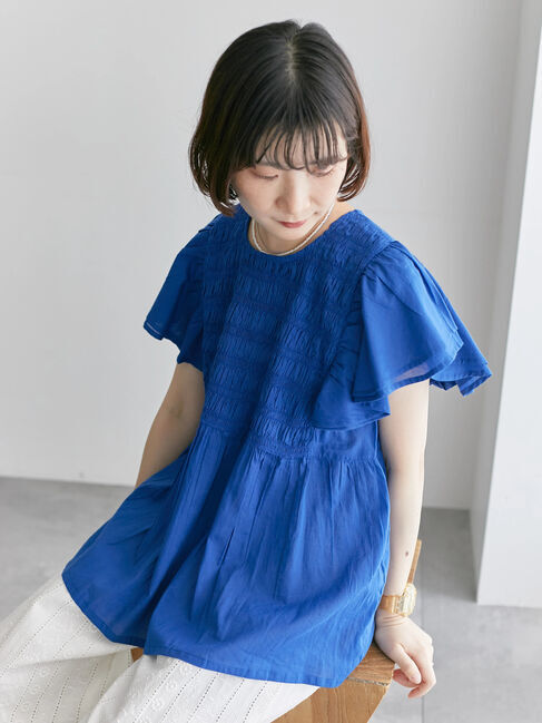 Samansa Mos2 blue「【Made in India】シャーリングブラウス」|シャツ・ブラウス|