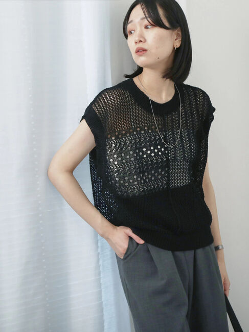 Samansa Mos2 blue「麻タッチパッチワークニットベスト」|ニット・セーター|