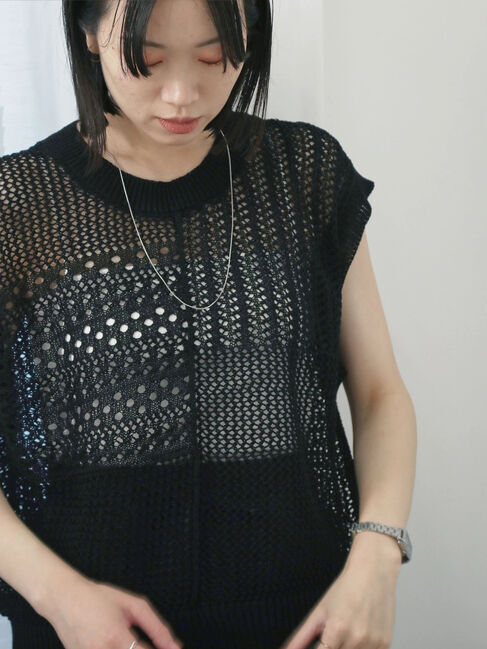 Samansa Mos2 blue「麻タッチパッチワークニットベスト」|ニット・セーター|