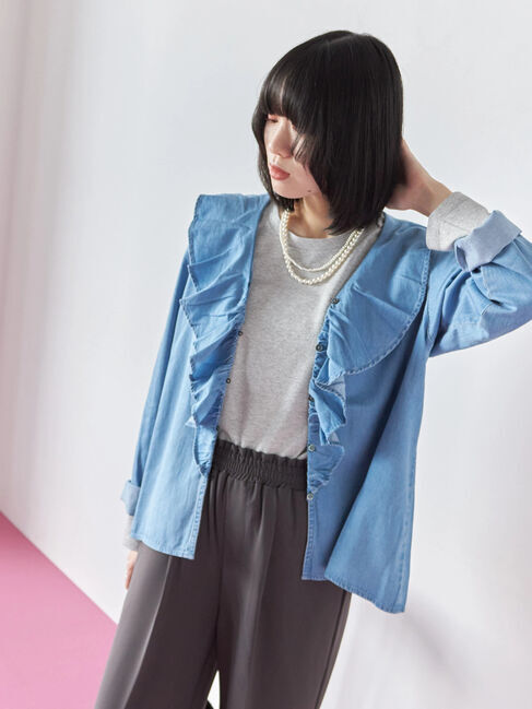 Samansa Mos2 blue「【ECO DENIM 】フリルブラウス」|シャツ・ブラウス|ブルー