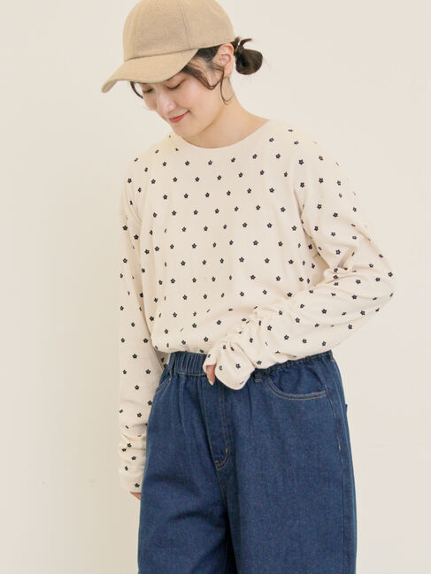 Samansa Mos2「リップル柄アソート袖シャーリングカットソー」|Tシャツ・カットソー|