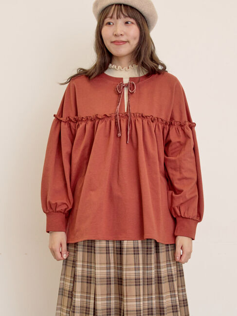 Samansa Mos2「ミニ裏毛切替ギャザープルオーバー」|Tシャツ・カットソー|オレンジ
