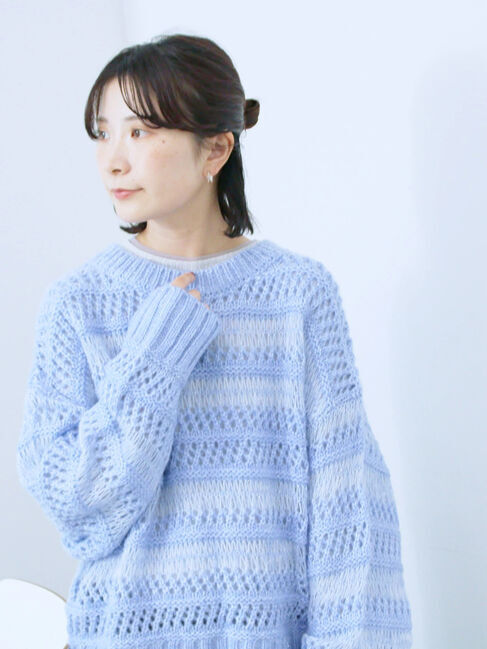 Samansa Mos2 blue「透かし柄ニットプルオーバー」|ニット・セーター|サックスブルー