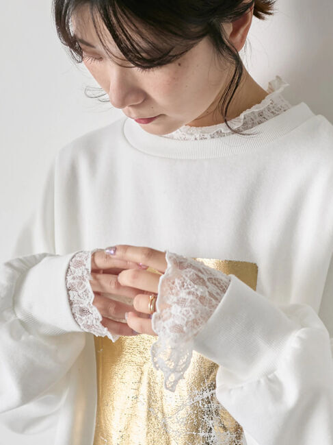 Samansa Mos2 blue「衿袖チュールハイネックプルオーバー」|Tシャツ・カットソー|