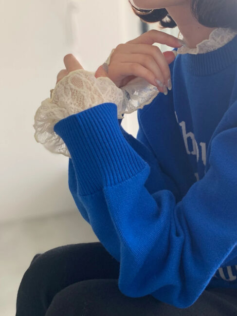 Samansa Mos2 blue「衿袖チュールハイネックプルオーバー」|Tシャツ・カットソー|