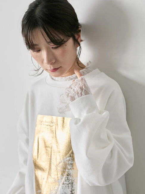 Samansa Mos2 blue「衿袖チュールハイネックプルオーバー」|Tシャツ・カットソー|