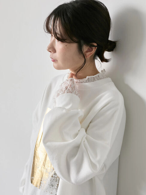 Samansa Mos2 blue「衿袖チュールハイネックプルオーバー」|Tシャツ・カットソー|