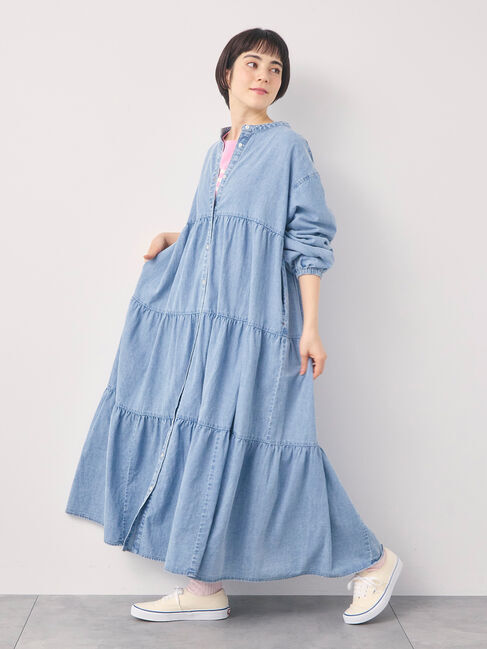 Samansa Mos2「【オーガニックコットン】デニムティアードワンピース」|ワンピース|サックスブルー