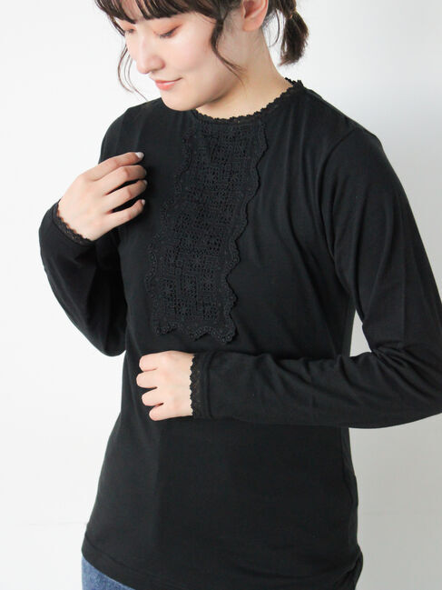 Samansa Mos2「パーツレース貼りカットソー」|Tシャツ・カットソー|ブラック