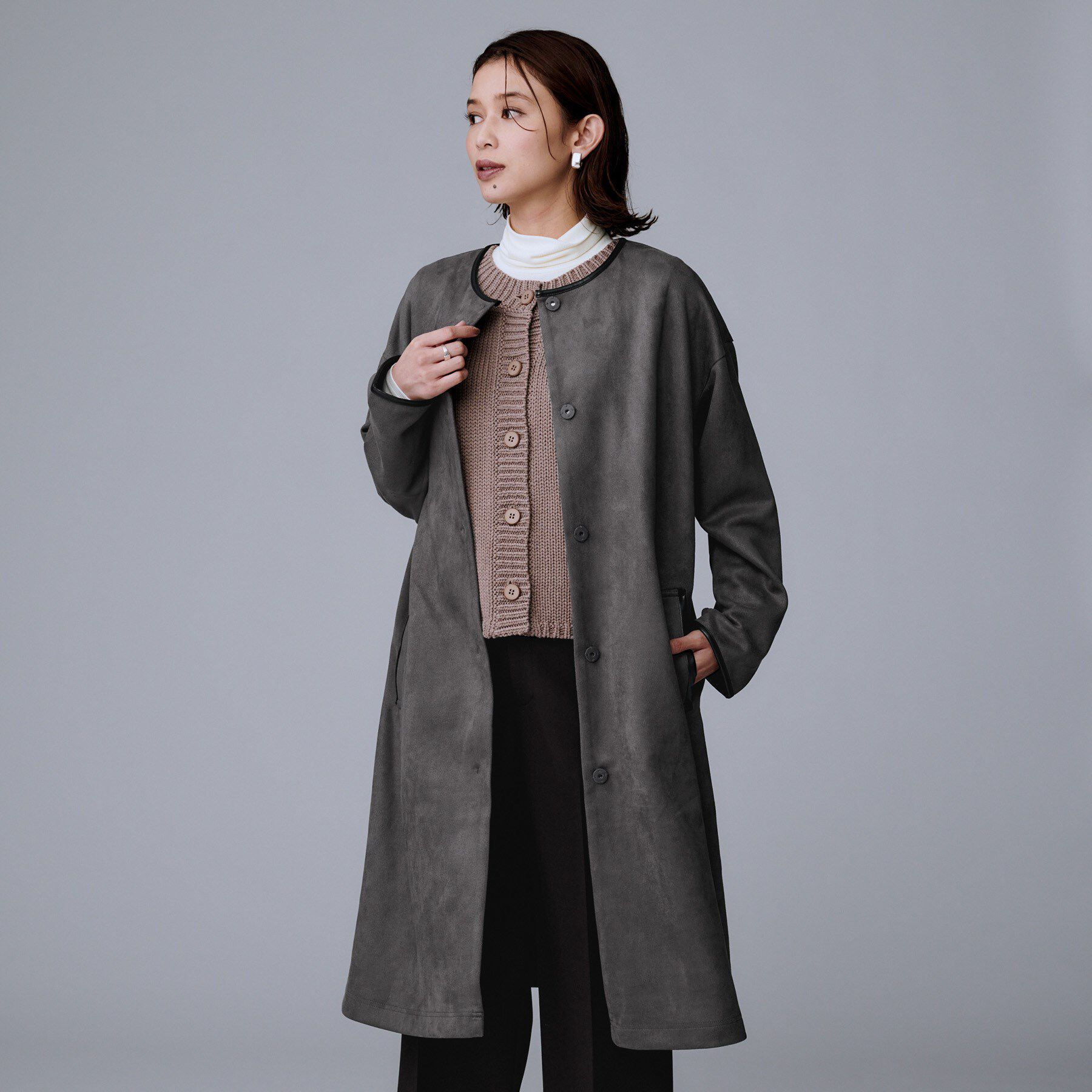 UNTITLED「【洗える/軽羽織り】マシュマロタッチ　スエード調コート」|ノーカラーコート|