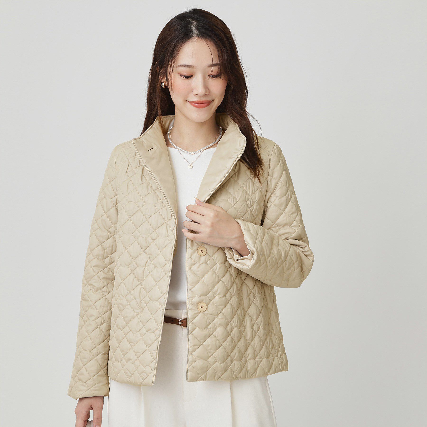 COUP DE CHANCE「【軽い着心地】中綿キルトジャケット」|ノーカラージャケット|グレージュ(050)