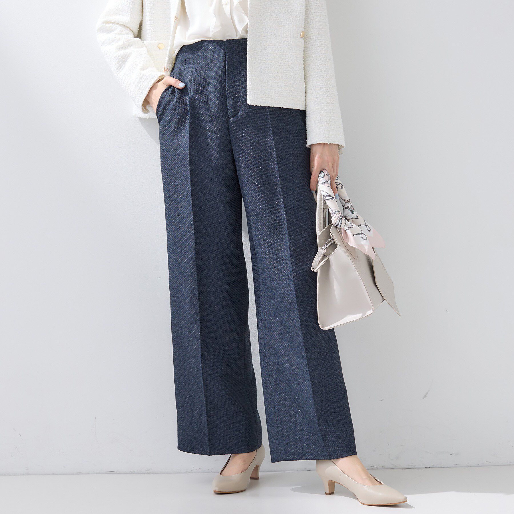 INDIVI「【褒められパンツ/ウール調素材】ラメ混ワイドパンツ」|その他|ネイビー(094)