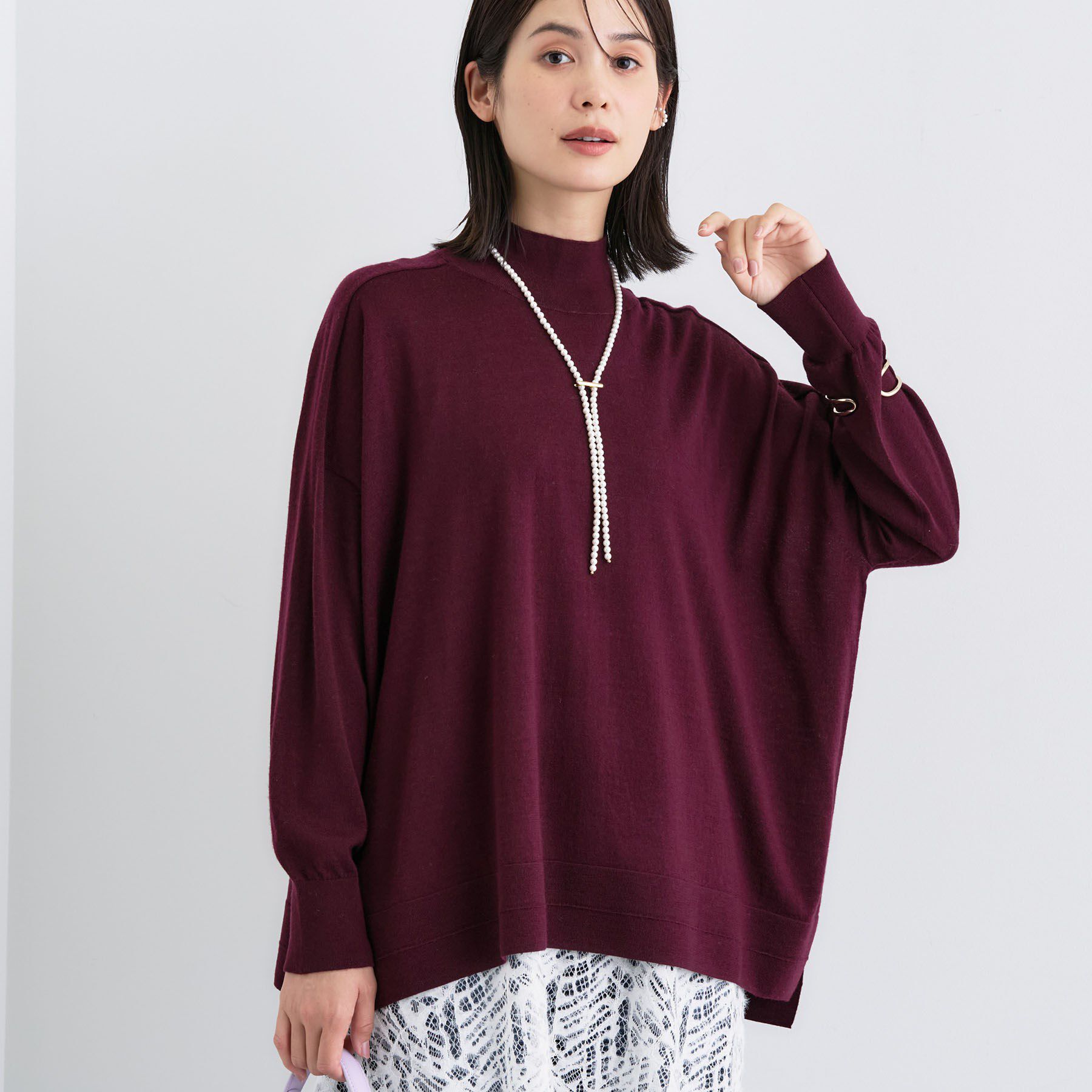 INDIVI「【洗える／毛玉になりにくい】エクストラファインウール ハイネックニット」|ニット・セーター|ボルドー(064)