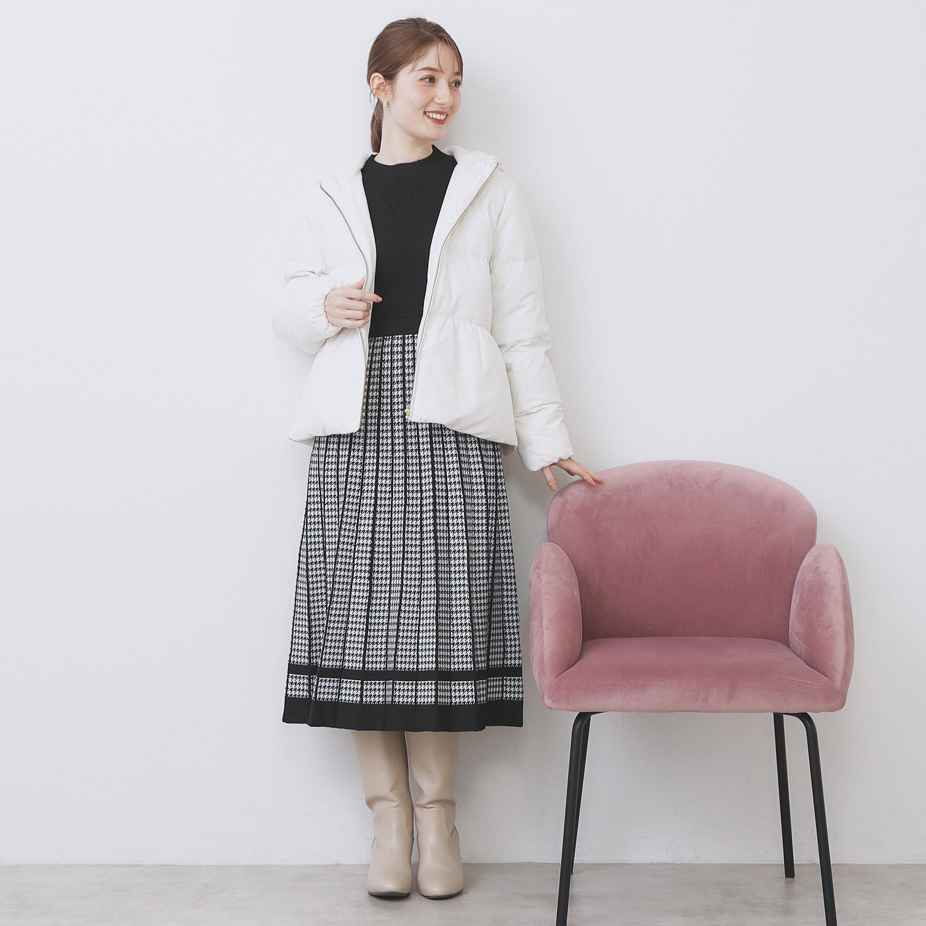 index「千鳥チェックバイカラーニットワンピース【洗濯機OK/抗ピル】」|ワンピース|