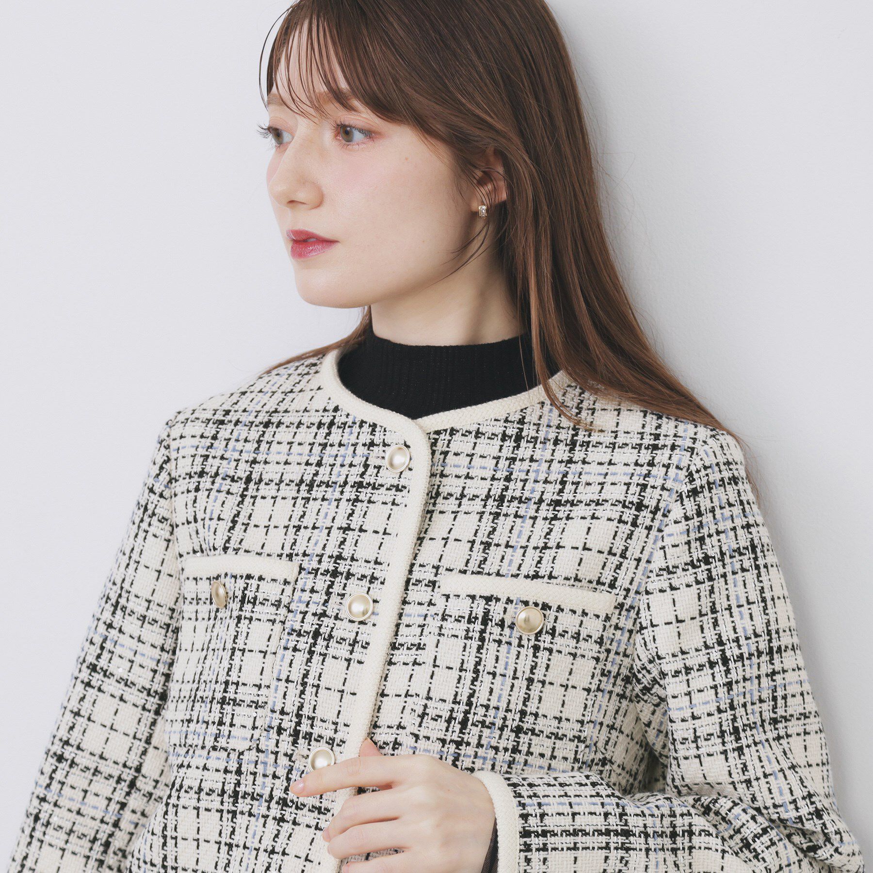 index「チェックツイードジャケットコート/セットアップ対応【洗える】」|ノーカラージャケット|