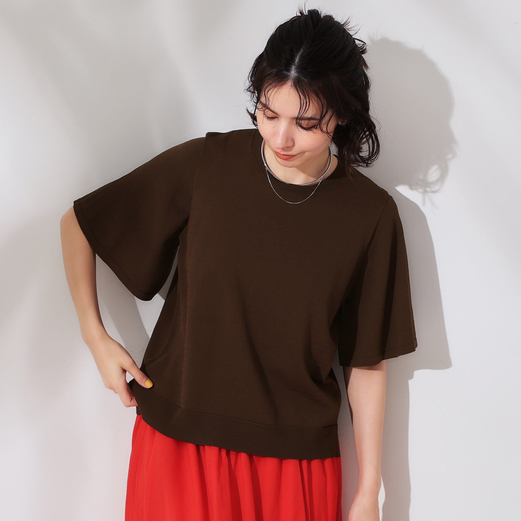 OPAQUE.CLIP「《6色展開/S-LLサイズ》フレアスリーブニット【UV/接触冷感/抗ピル/洗濯機洗い可】」|ニット・セーター|