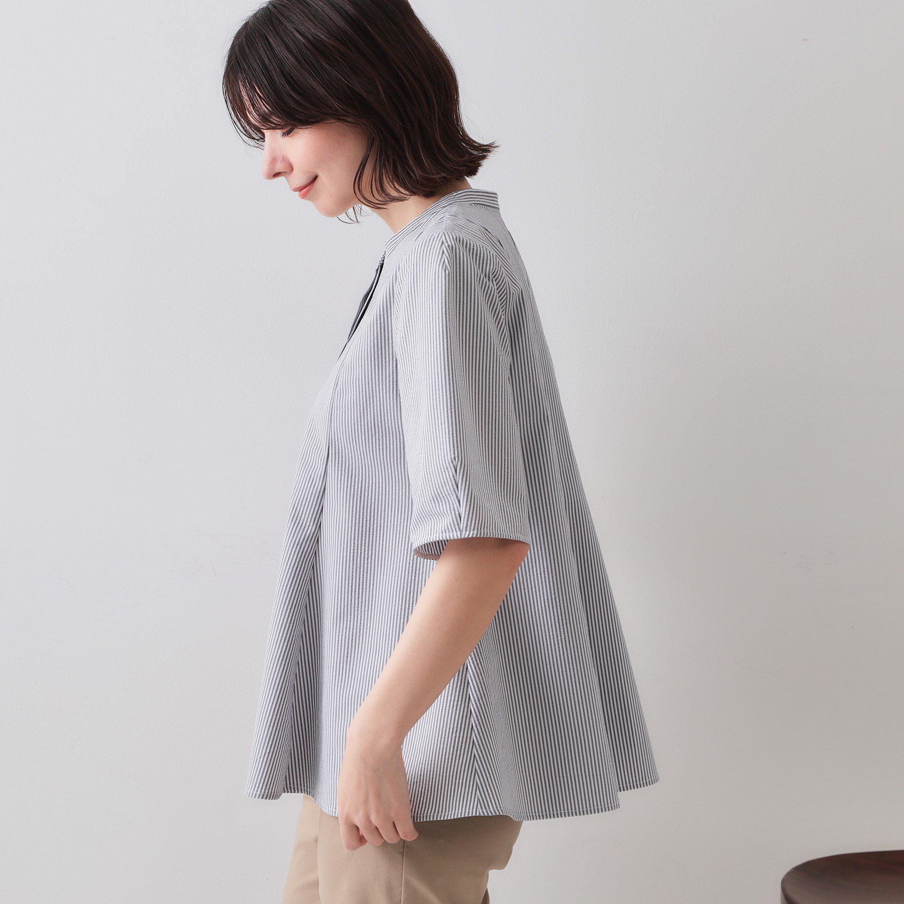 OPAQUE.CLIP「サッカーストライプペプラムブラウス【吸水速乾/イージーアイロン/洗濯機洗い可】」|シャツ・ブラウス|