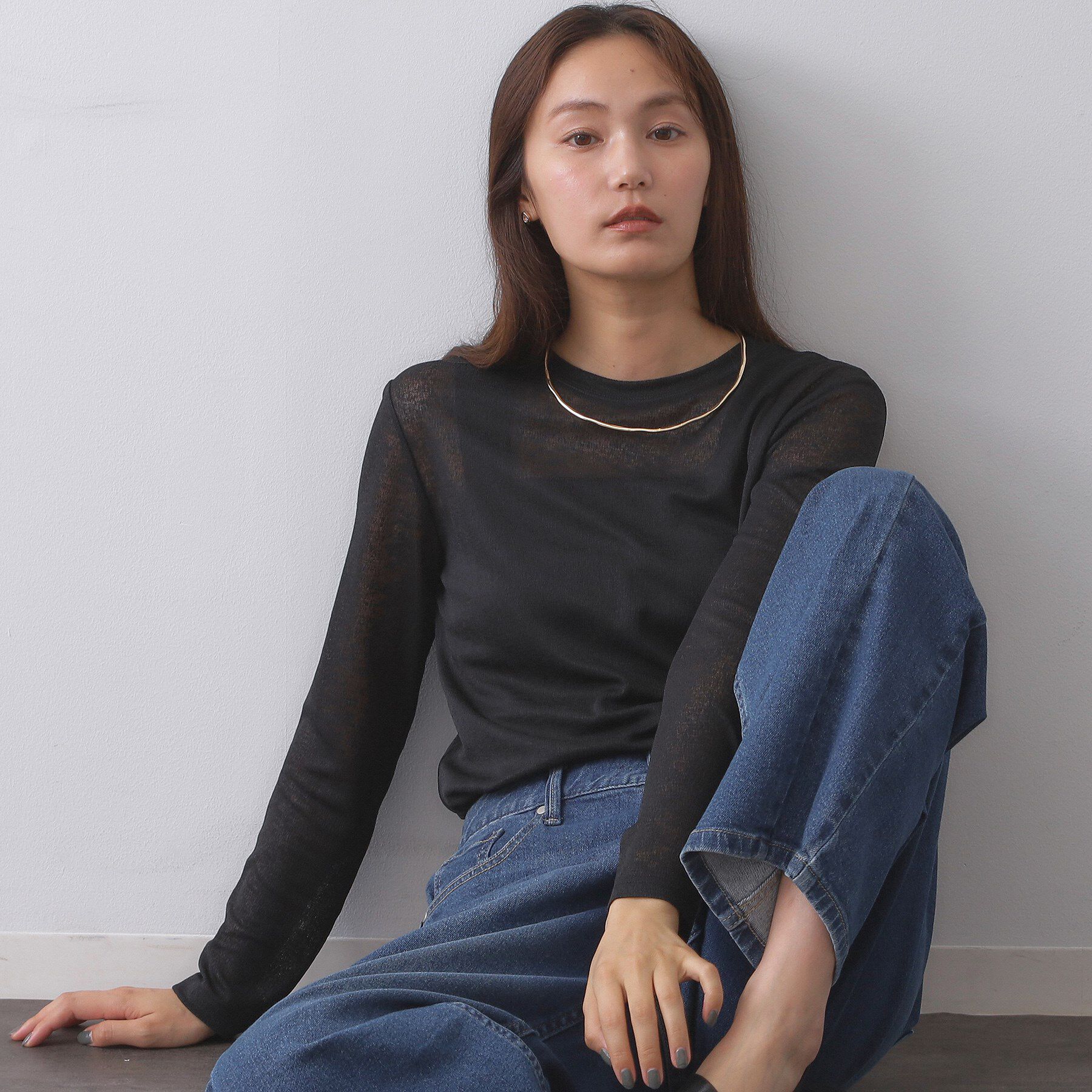 OPAQUE.CLIP「シアーラウンドネックカットソー【洗濯機洗い可】」|Tシャツ・カットソー|ブラック(019)