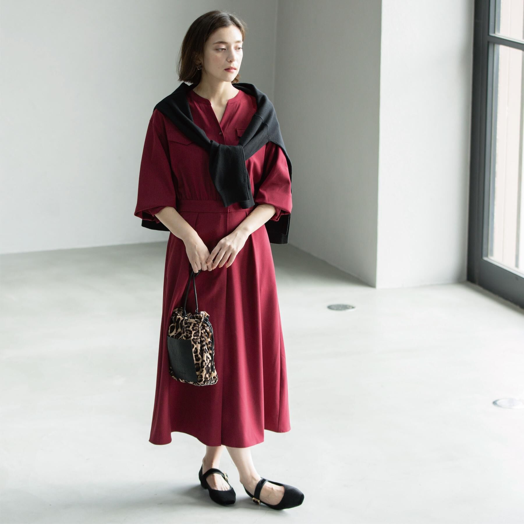 OPAQUE.CLIP「ウールライクフィット＆フレアワンピース【洗濯機OK】」|ワンピース|ボルドー(064)