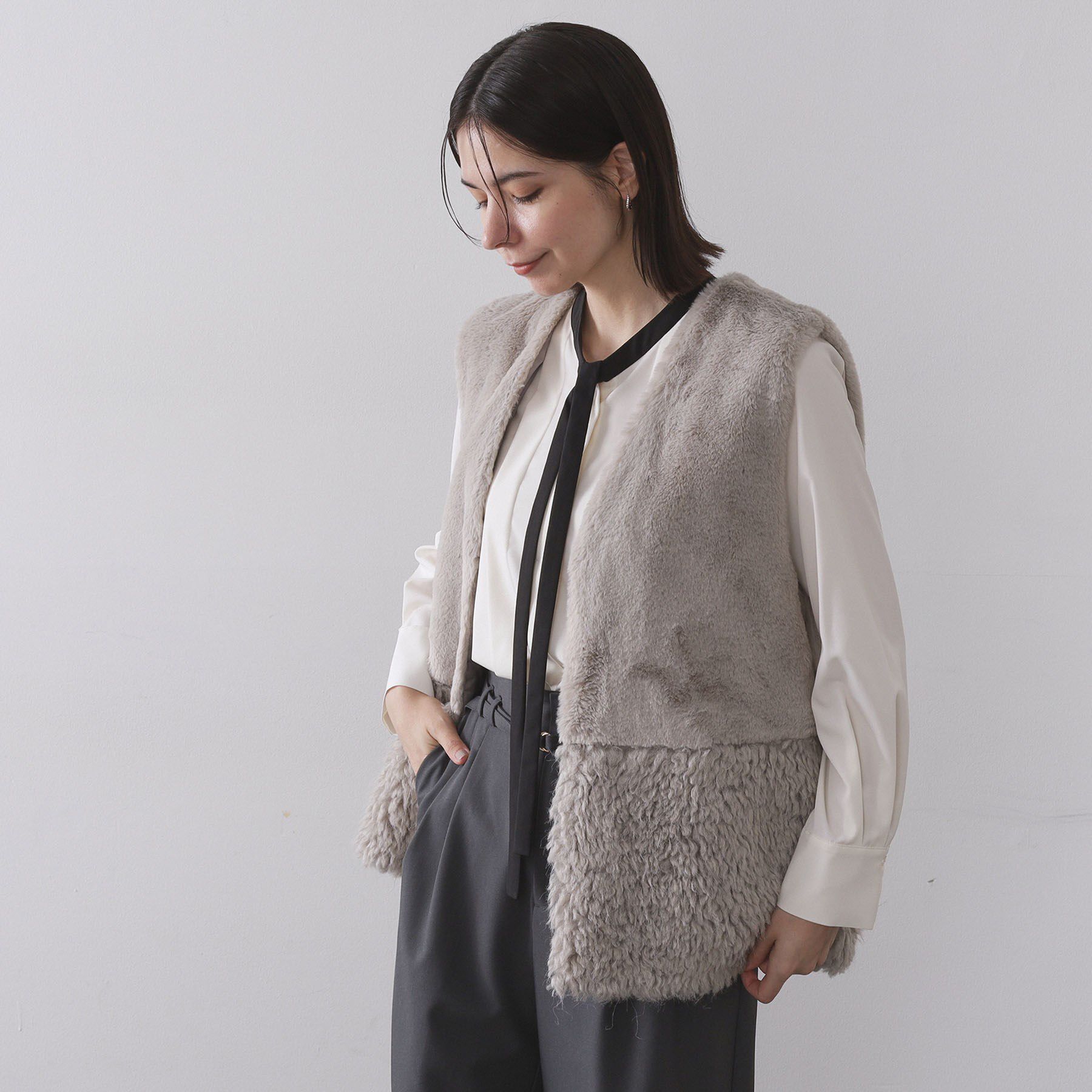 OPAQUE.CLIP「フェイクファー&times;フェイクボアドッキングジレ【洗濯機OK】」|ベスト・ジレ|