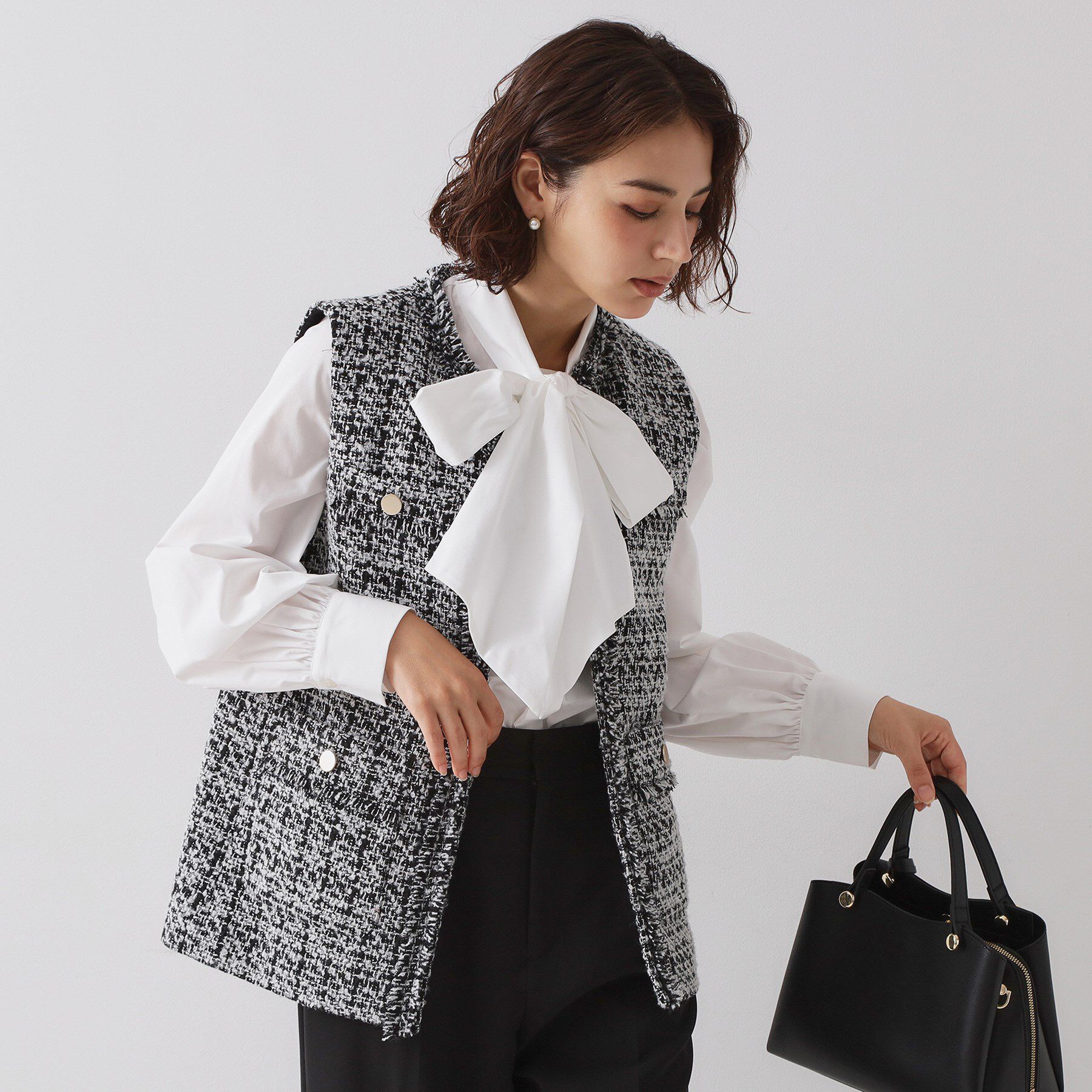 OPAQUE.CLIP「≪通勤・セレモニー対応≫ツイードジレ【洗える】」|ベスト・ジレ|ブラック(419)