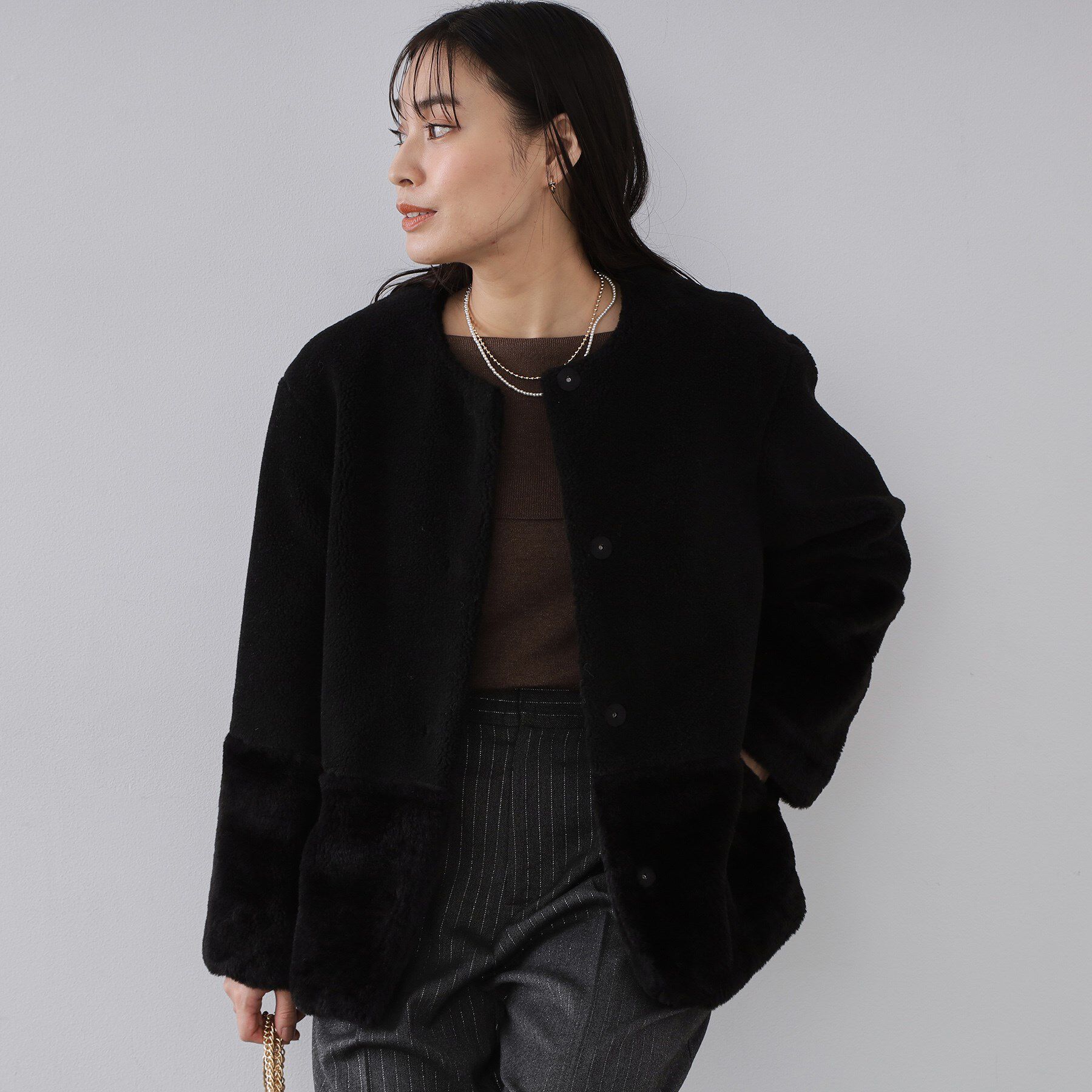 OPAQUE.CLIP「フェイクボア切替ショートコート」|ノーカラーコート|