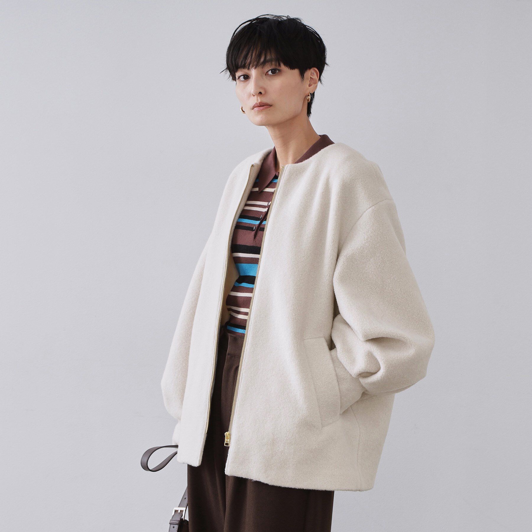 OPAQUE.CLIP「もこもこノーカラージップミドルコート【洗える】」|ノーカラーコート|