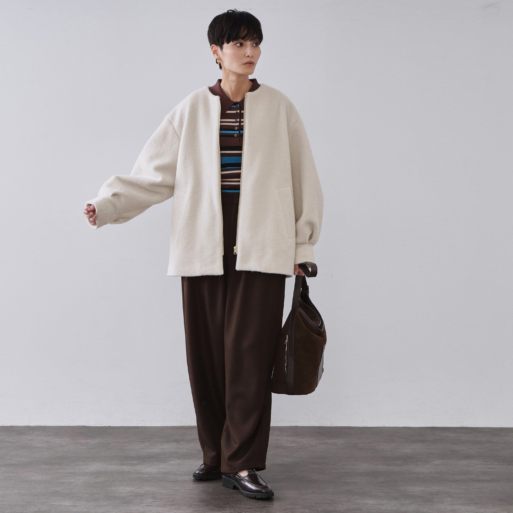 OPAQUE.CLIP「もこもこノーカラージップミドルコート【洗える】」|ノーカラーコート|