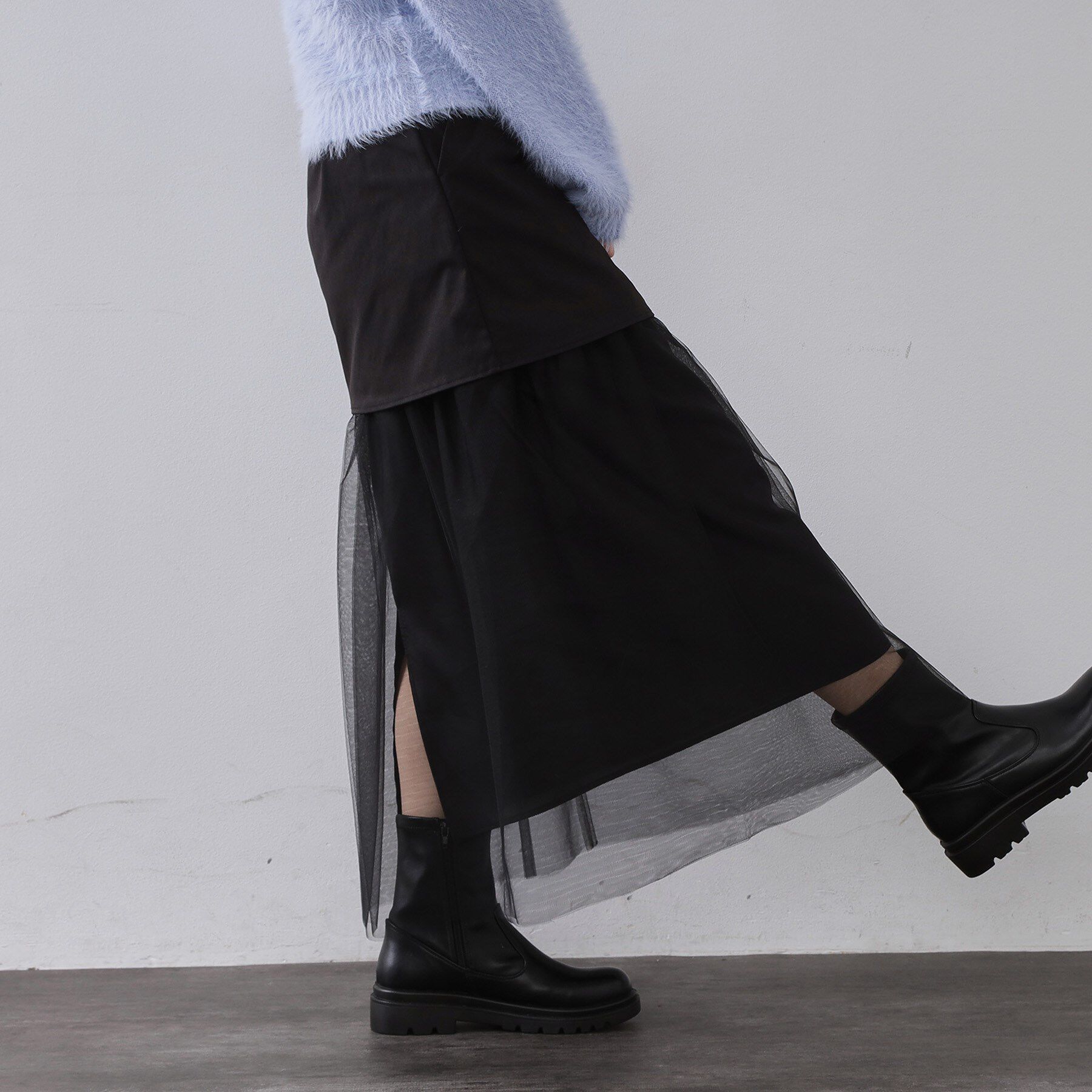 OPAQUE.CLIP「チュールドッキングデザインスカート【洗濯機OK】」|スカート|ブラック(019)