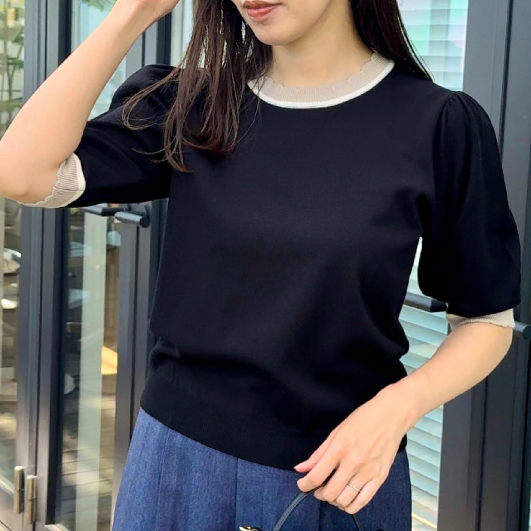 Couture broach「【5分袖・華奢見え・通勤】配色スカラ5分袖ニット」|ニット・セーター|