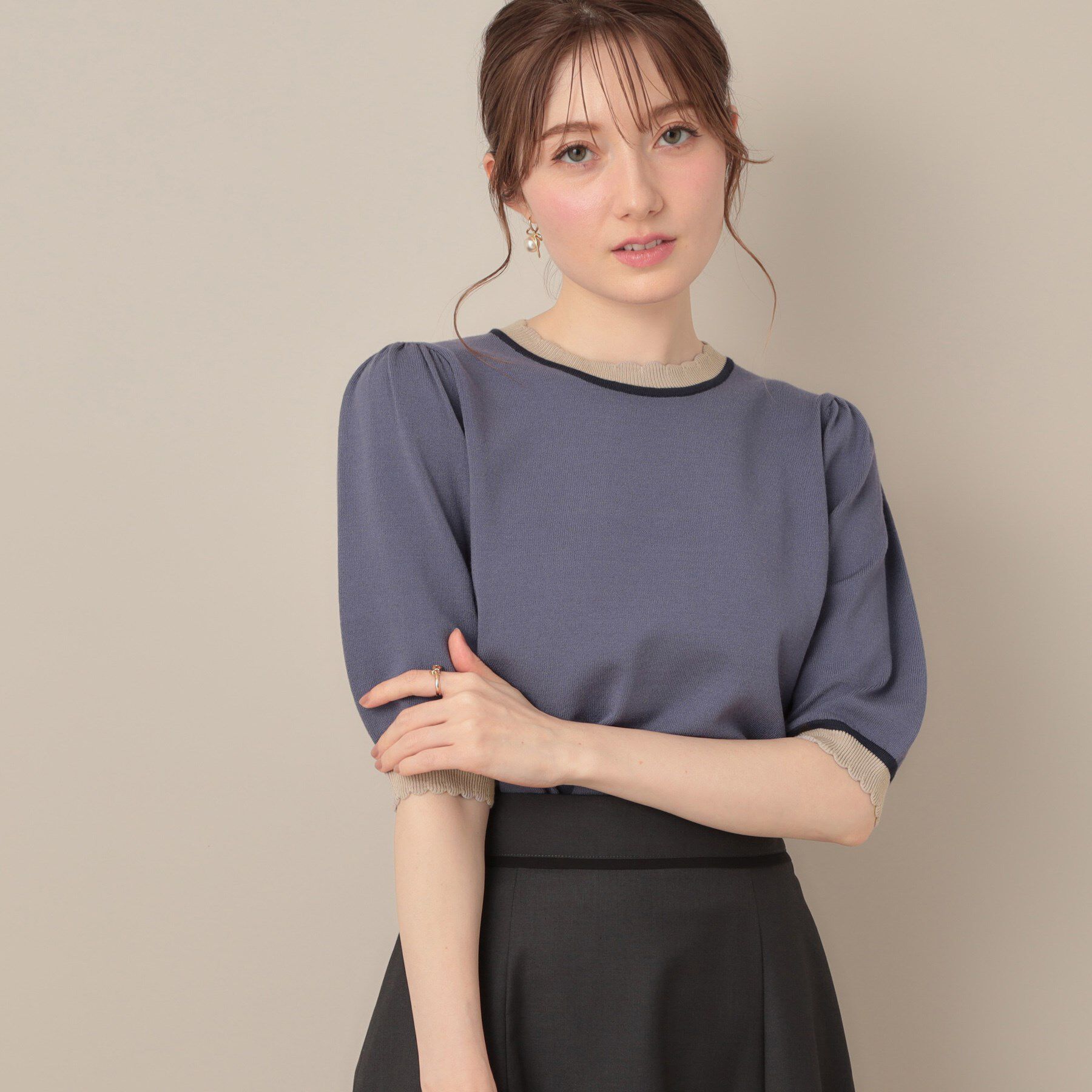 Couture broach「【5分袖・華奢見え・通勤】配色スカラ5分袖ニット」|ニット・セーター|