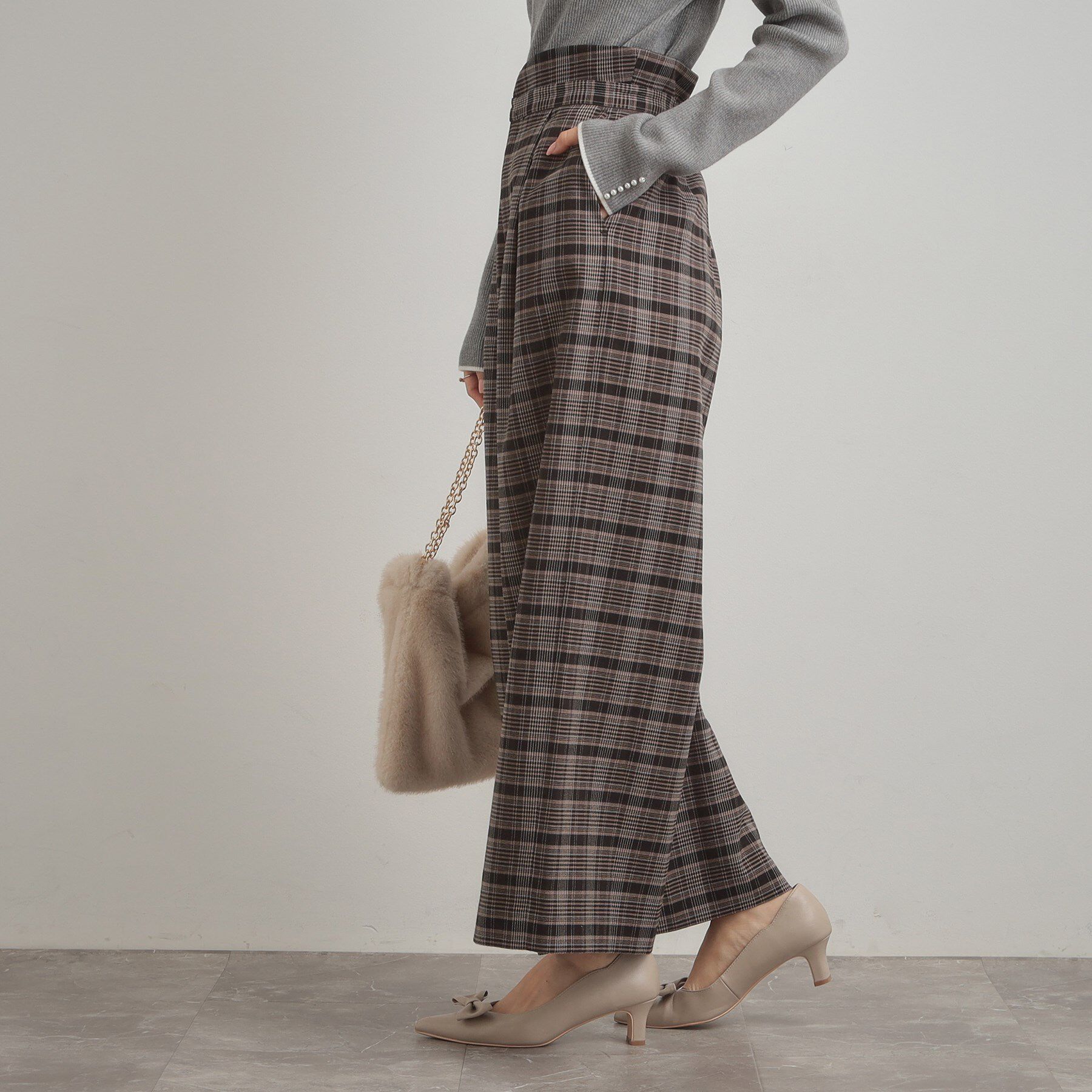 Couture broach「【大人可愛い】起毛先染めチェック柄 スカラウエスト ワイドパンツ」|その他|