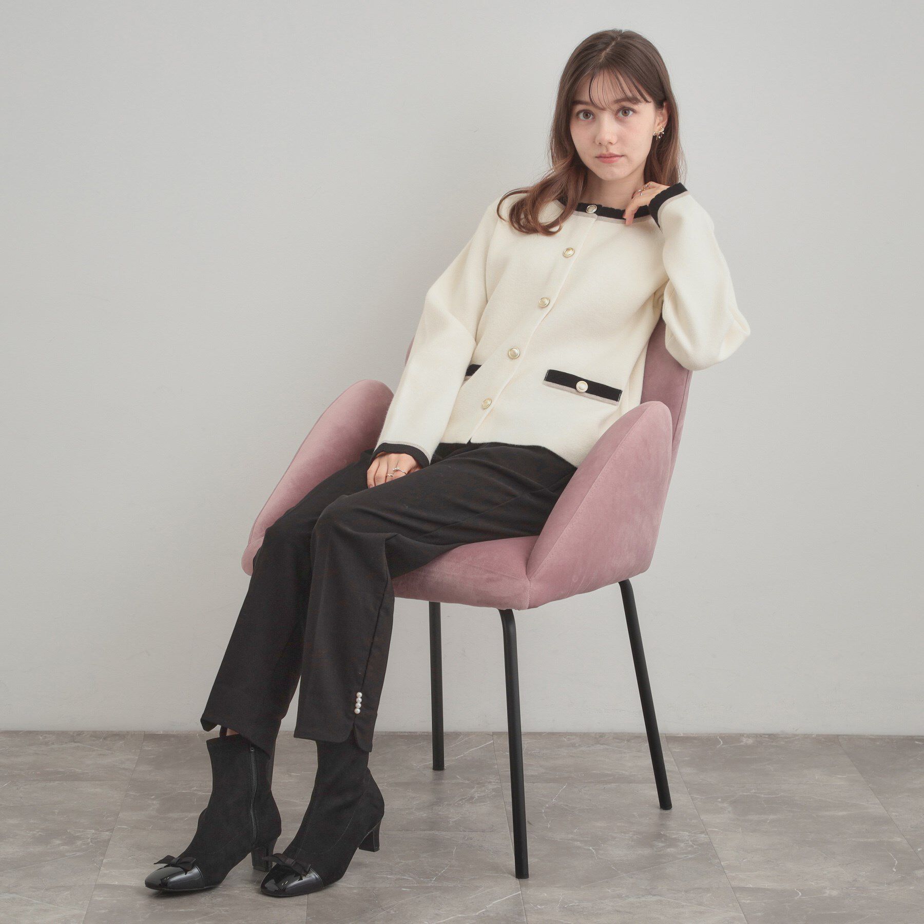 Couture broach「【通勤・大人上品】ムースタッチジャカード 配色スカラカーディ」|カーディガン|