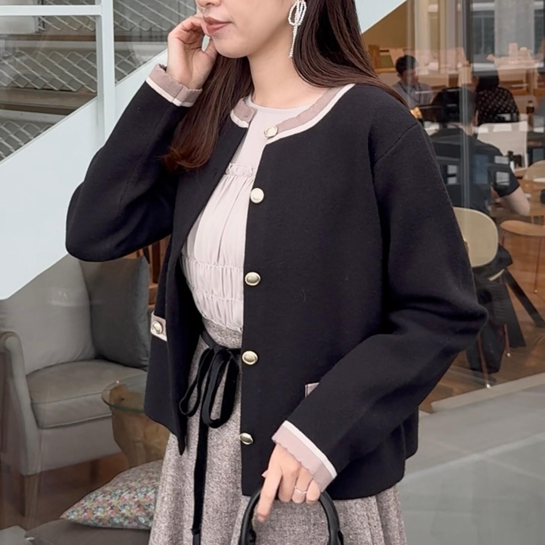 Couture broach「【通勤・大人上品】ムースタッチジャカード 配色スカラカーディ」|カーディガン|