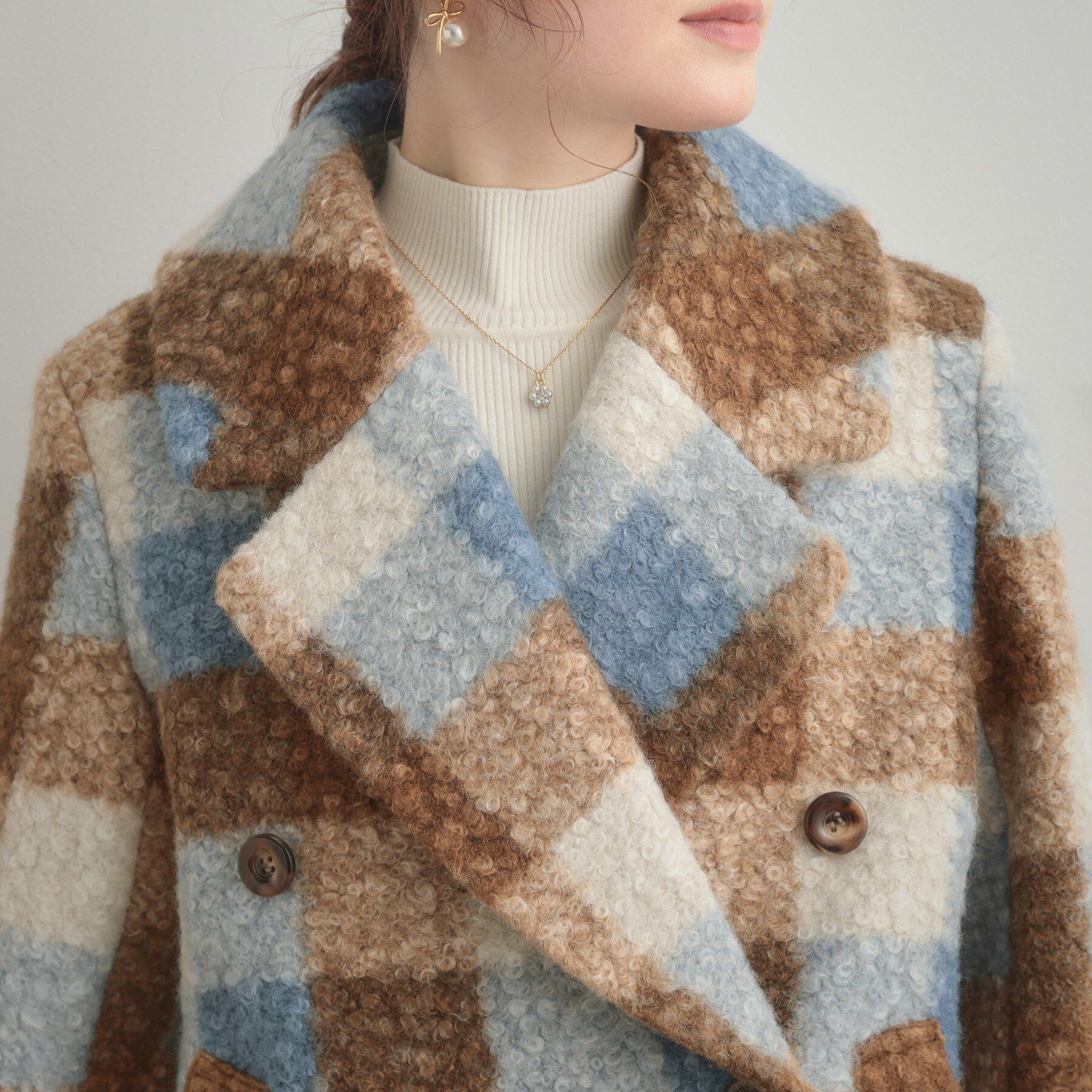 Couture broach「【S-LL/無地・チェック柄】プードルボア ショートコート」|ピーコート|