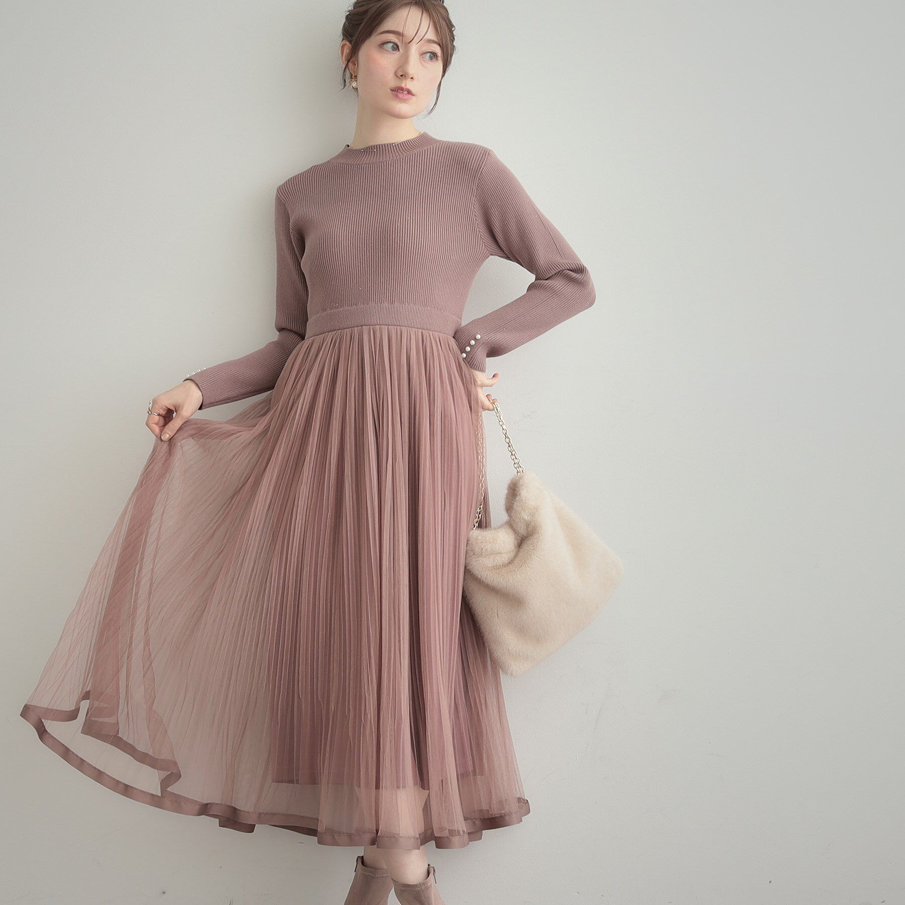 Couture broach「【S-LL/キラキラリブニット】チュールドッキング ワンピース」|ワンピース|