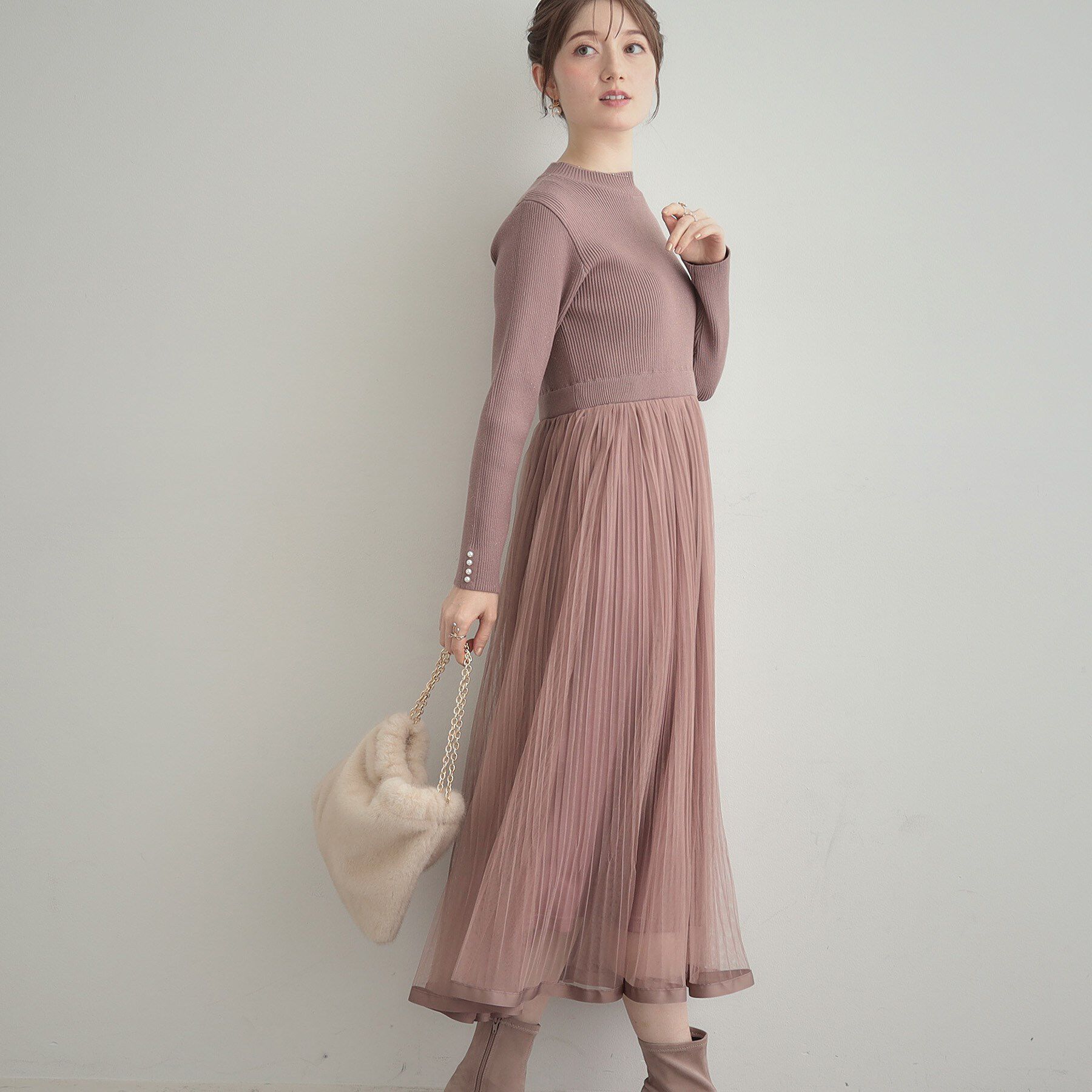 Couture broach「【S-LL/キラキラリブニット】チュールドッキング ワンピース」|ワンピース|