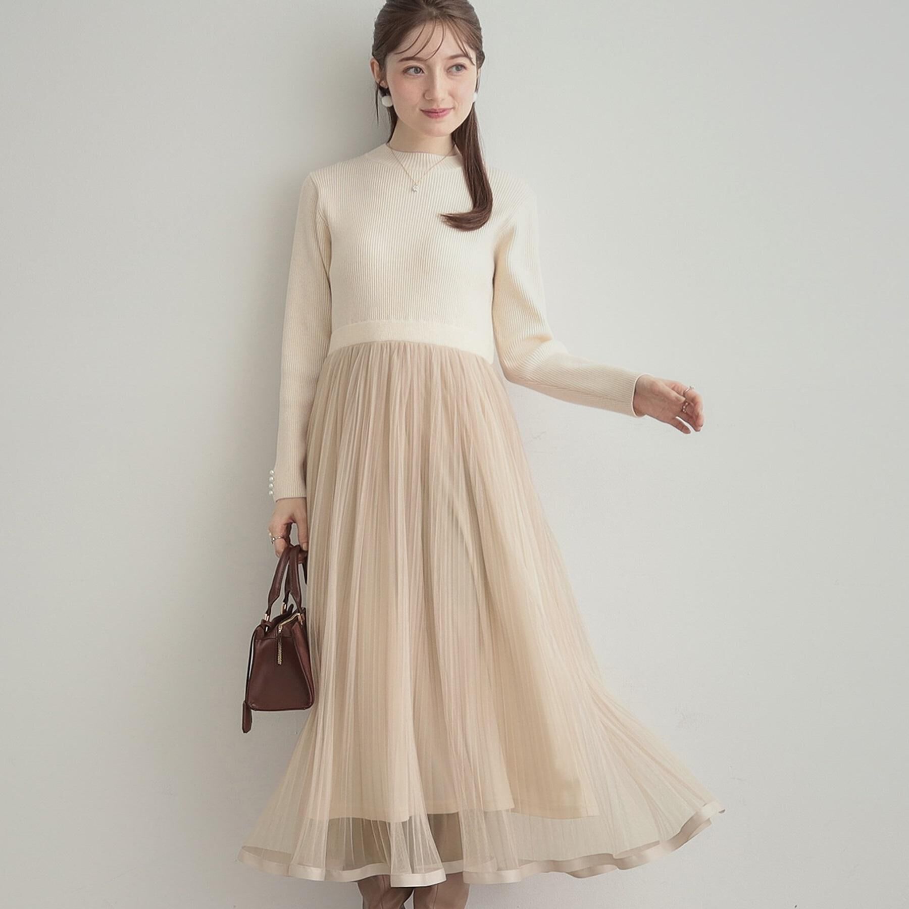 Couture broach「【S-LL/キラキラリブニット】チュールドッキング ワンピース」|ワンピース|