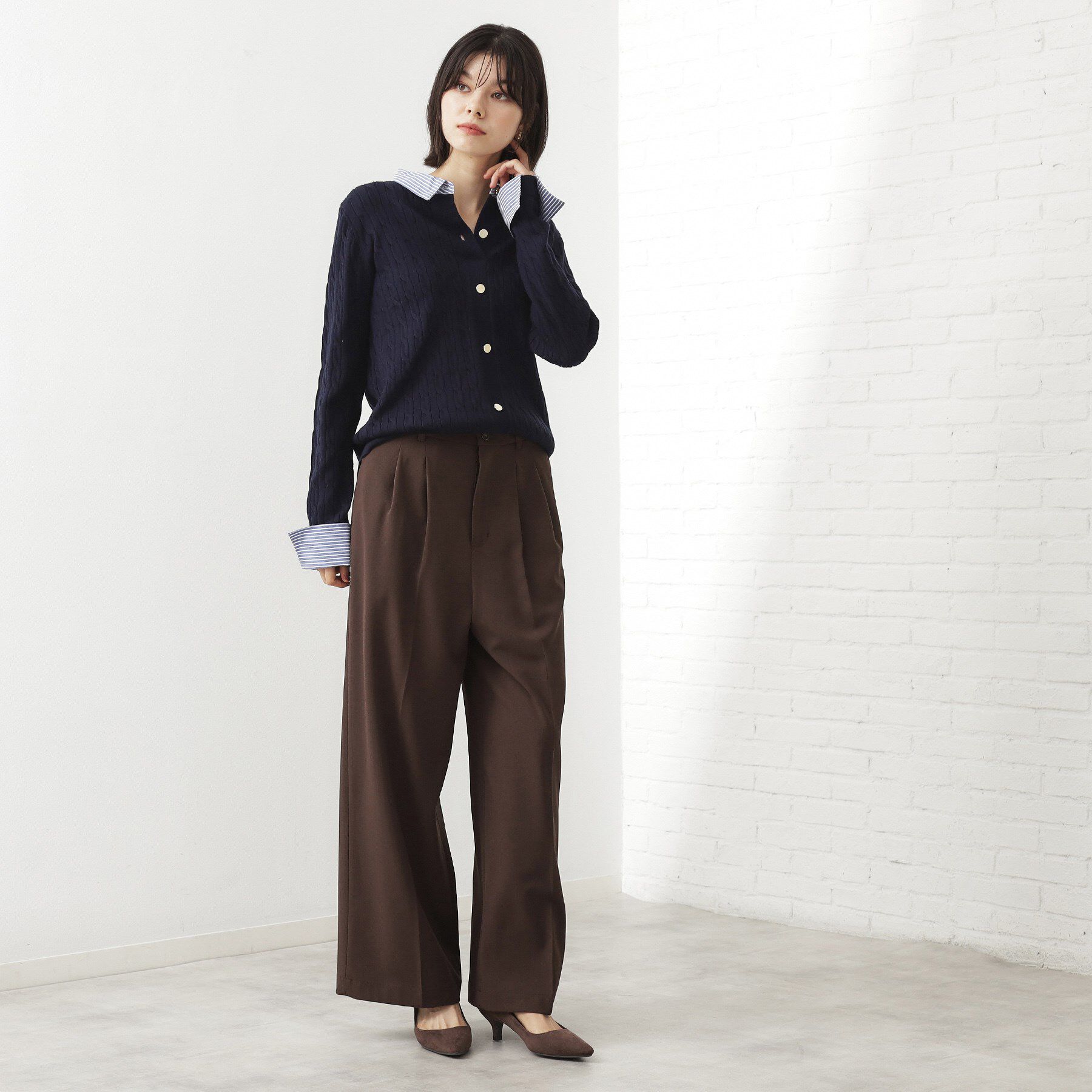 THE SHOP TK「【着るだけでコーデ完成】シャツレイヤード風 ケーブルニット」|ニット・セーター|