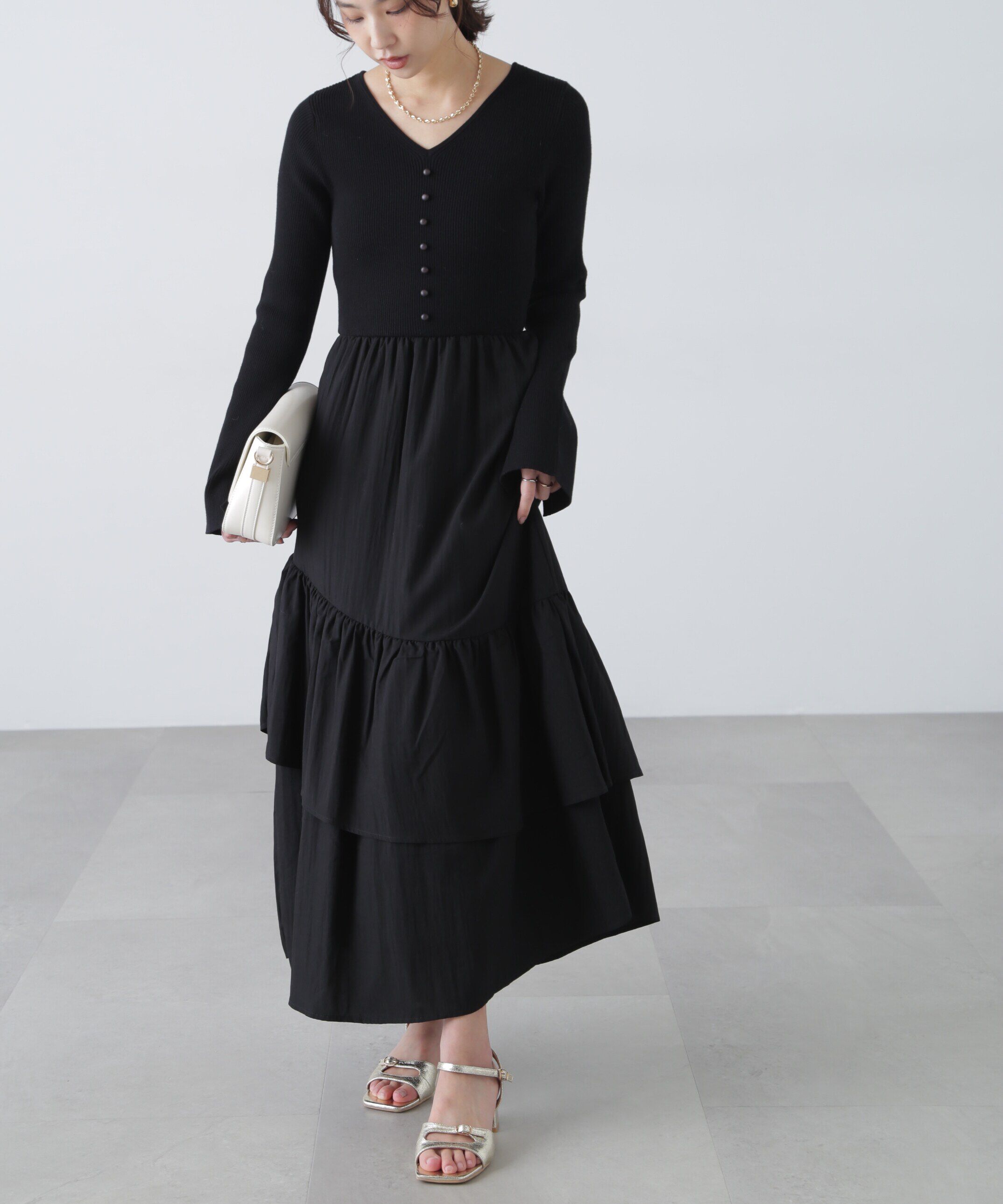  「前後2way布帛ドッキングリブニットワンピース」|ワンピース|