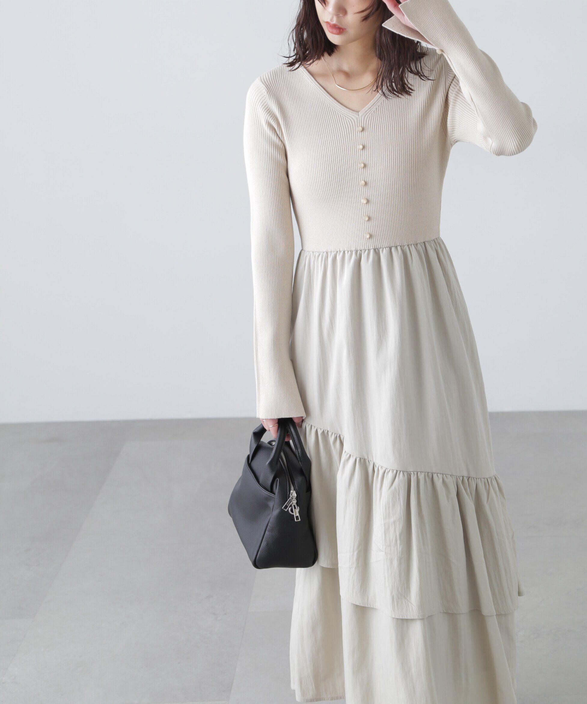  「前後2way布帛ドッキングリブニットワンピース」|ワンピース|