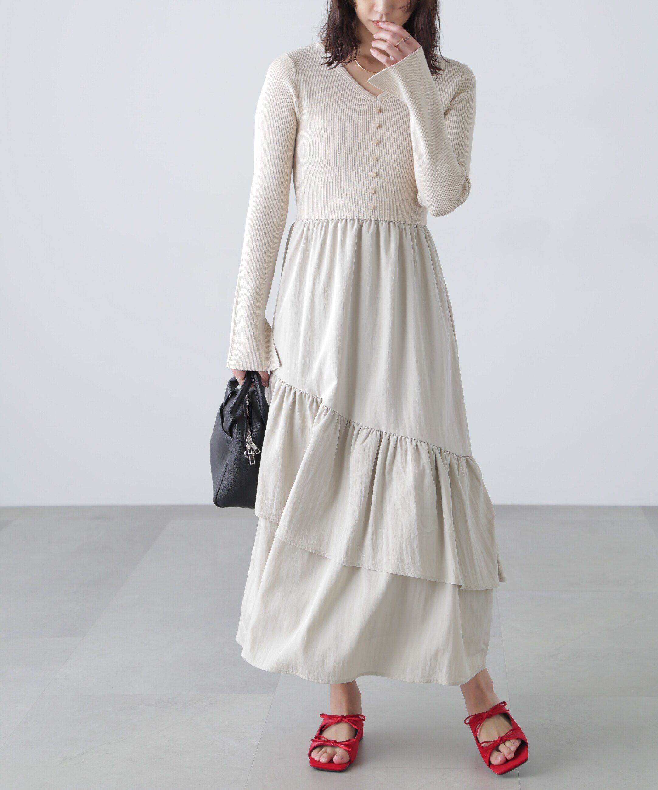  「前後2way布帛ドッキングリブニットワンピース」|ワンピース|