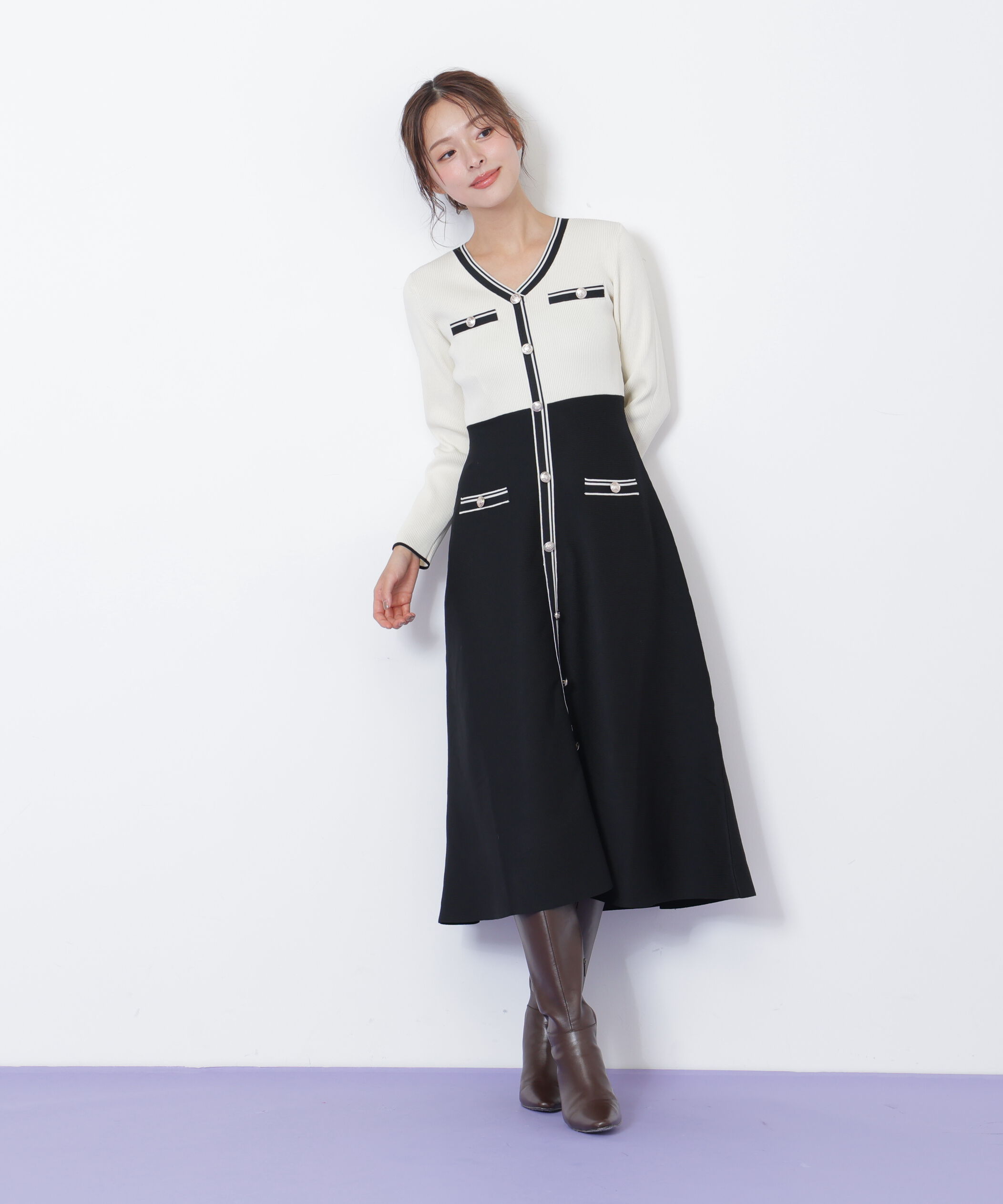  「Vネック配色ラインフレアワンピース」|ワンピース|