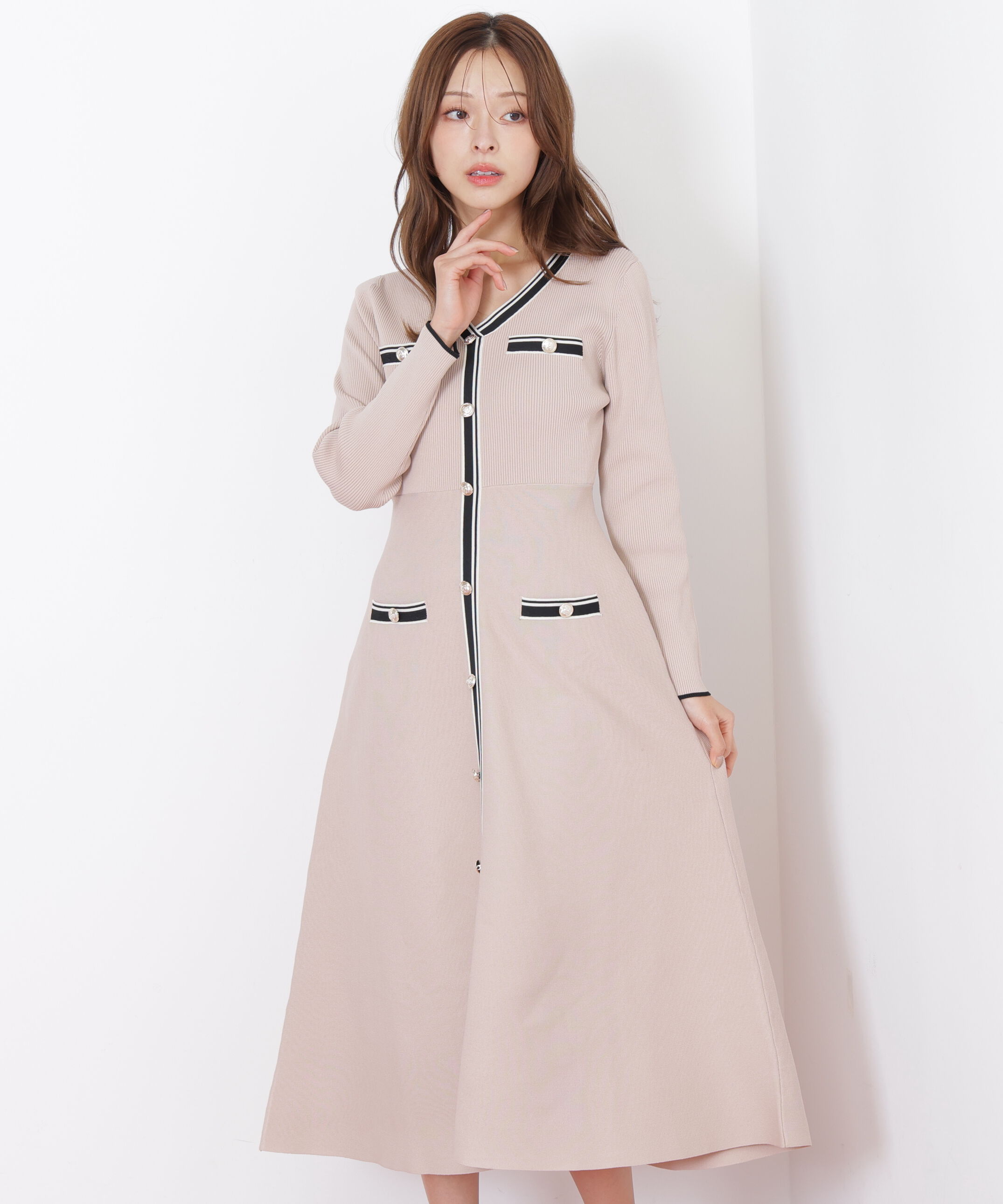  「Vネック配色ラインフレアワンピース」|ワンピース|ピンク